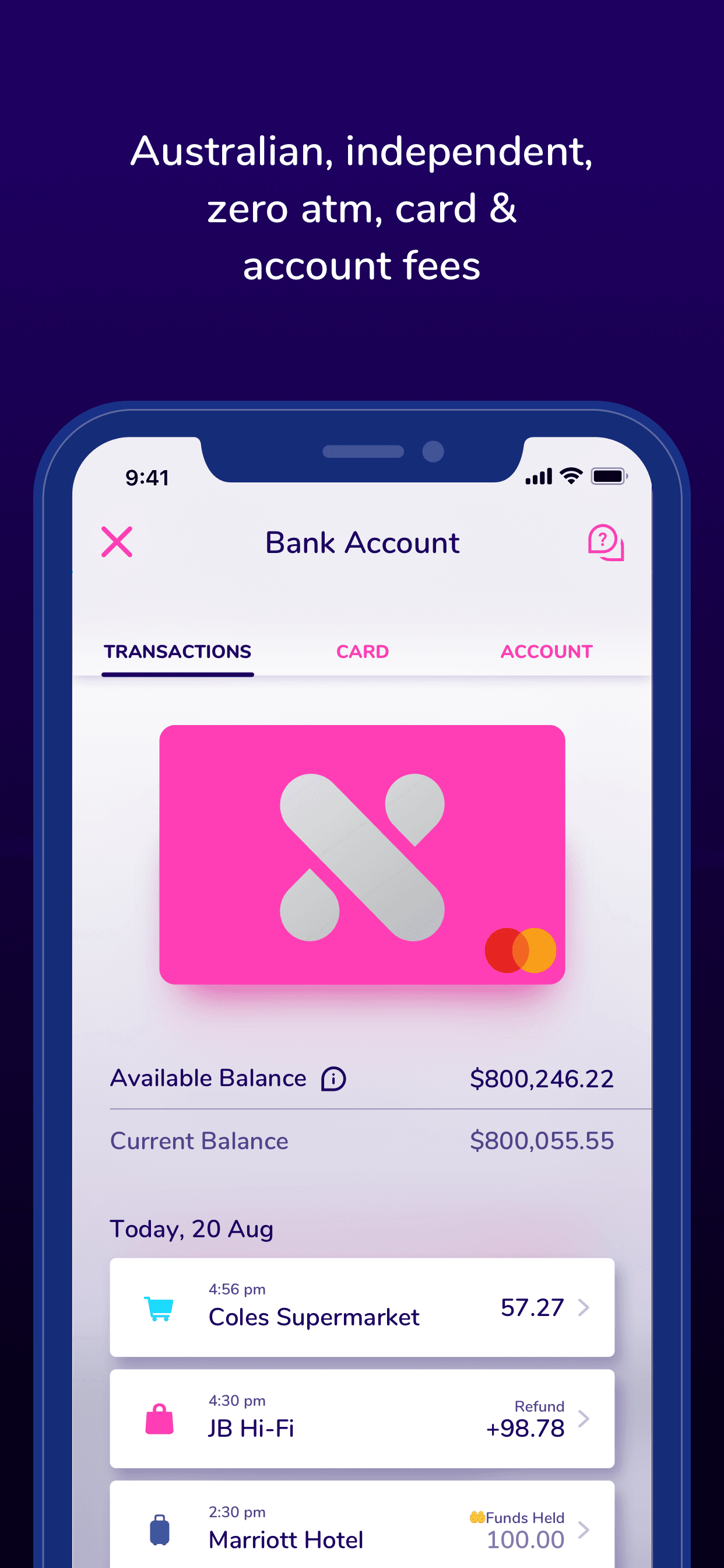 Xinja app bank account screen with the pink card and recent transactions