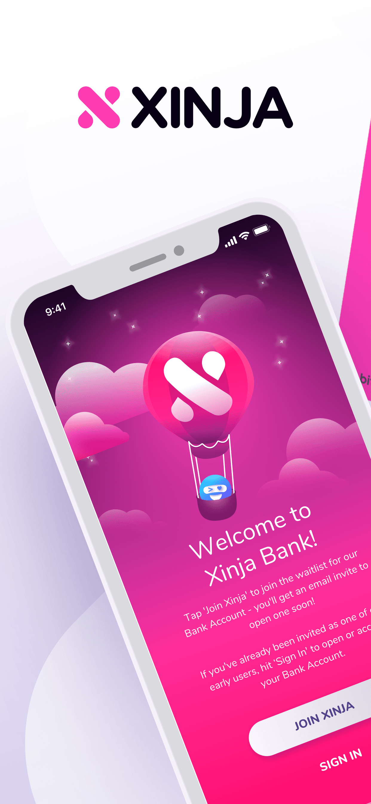 Xinja app welcome screen inviting people to join the waitlist
